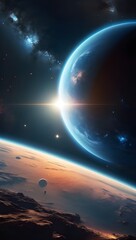 glowing planet in space with light of a star. smartphone screen background