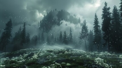 A forest with a mountain in the background and some clouds, AI