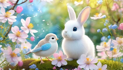 3D illustration of a cute bunny and bird sitting together in spring with pastel colored flowers blooming