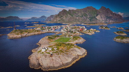 The football stadium in Henningsvaer on the Lofoten Islands, Norway from above © LukasGameworld