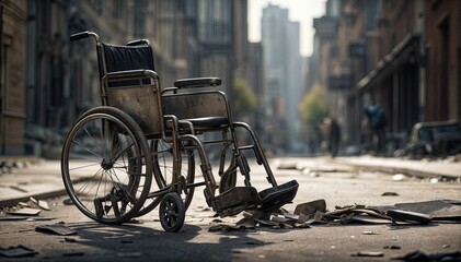 Amidst the hustle and bustle of the city streets, a broken wheelchair symbolizes the obstacles facing individuals with limited mobility - obrazy, fototapety, plakaty
