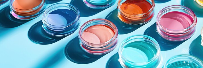 Exploring Beauty Science, Gel Cosmetic Samples Presented in Petri Dish Against Blue Background, Casting Striking Hard Shadows - obrazy, fototapety, plakaty