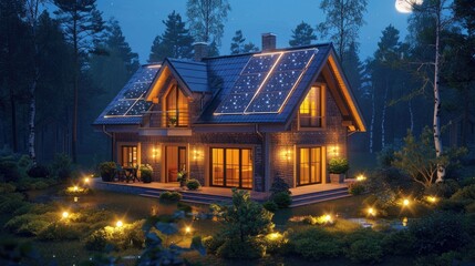An environmentally conscious house lit by LED lighting that use less energy. Generative Ai. - obrazy, fototapety, plakaty