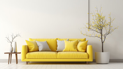Bright and Inviting Living Room with a Vibrant Yellow Sofa and Spring Tree Branches