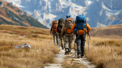 A group of people with backpacks walking down a dirt road, AI