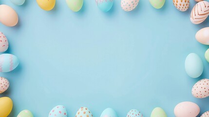 Easter Eggs Galore, Pastel-Colored Eggs Adorn the Top and Bottom, Creating a Festive Frame for a Large Empty Space, Set Against a Minimal Pastel Blue Background