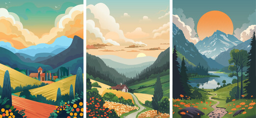 A lake in the background of mountains, a village in a mountainous area, a Castle in a field. Flower meadows and fields. Summer landscape. Vector illustrations for poster, background or cover