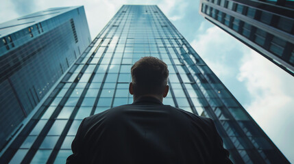 Corporate Businessman Contemplating Success from Skyscraper Window - Leadership Strategy and...