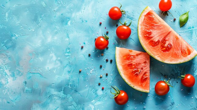 A close up of a watermelon and tomatoes on blue background, AI