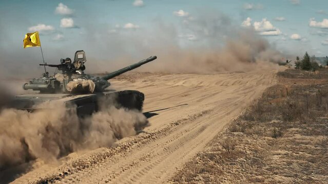 Military Tank driving in clouds of dust at UKRAINE WAR. Close-up aerial view. Armored combat war machine gun and muzzle. Ukraine National Army training. Dry sand field. Battlefield atack cinema scene