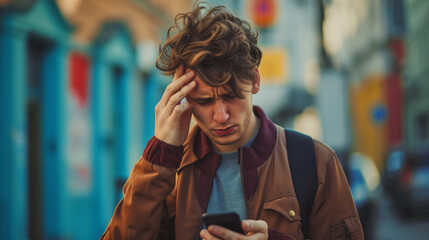 Young man is checking his phone with a worried expression, holding his head. Bad news - obrazy, fototapety, plakaty