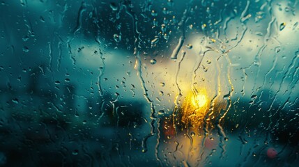 A view of a rain soaked window with the sun shining through, AI