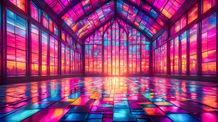  a futuristic interior with colorful stained glass window. - obrazy, fototapety, plakaty