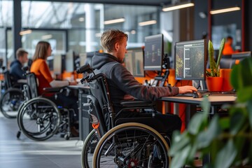 Obraz premium A young, focused man in a wheelchair engaged in work at his computer station in a modern office