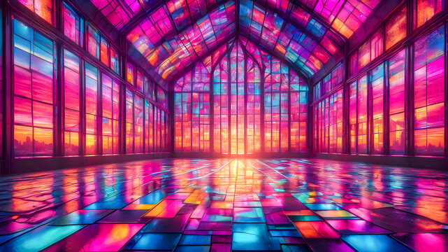  a futuristic interior with colorful stained glass window.