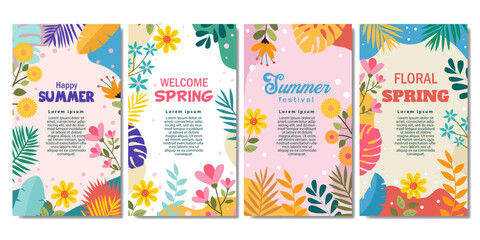 Fototapeta na wymiar vertical wallpapers collection with spring leaves and flowers background for banner social media story cover. vector illustration