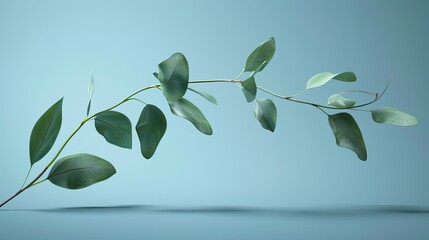 A single eucalyptus branch elegantly stretches across a soothing blue gradient background, evoking a sense of calm and freshness.