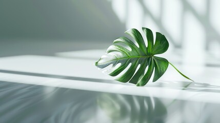 Against a white wall, a single vibrant green Monstera leaf stands tall, its shadow casting a soft and dynamic pattern that adds depth and intrigue to the scene.