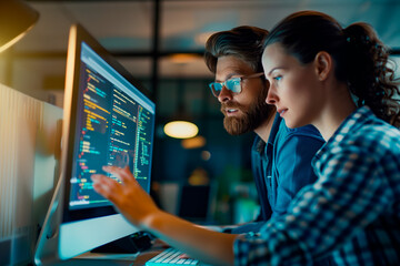 Software Developers Collaborating at Workstation. Two professional software developers engage in collaborative programming in a modern office setting at night.