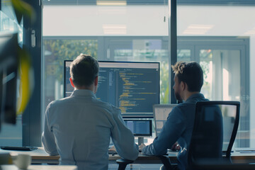 Focused Team Coding Session. Two programmers at work in a brightly lit office, collaborating on a project.