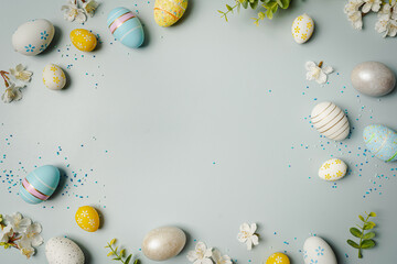 Happy Easter composition for easter design. Elegant Easter eggs and flowers on pastel blue background. Flat lay, top view, copy space.
