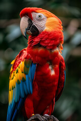 Scarlet Macaw, showcasing its vivid multicolored plumage in exquisite detail against a soft-focus green background.