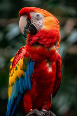 Fototapeta premium Scarlet Macaw, showcasing its vivid multicolored plumage in exquisite detail against a soft-focus green background.