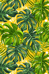 Lush pattern of green monstera leaves set against a bright yellow background with white accents.