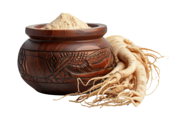 Asian spices and herbs in types of powder and grain inside wooden bowl isolated on transparent png background, ingredients for cooking concept.