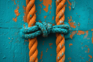 A close-up of a turquoise-painted wooden surface with a weathered nautical knot suggesting strength and resilience