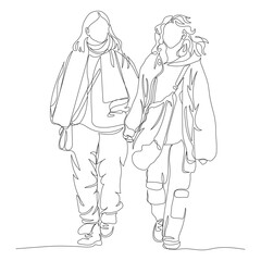 Fototapeta na wymiar 2 young women walking and talking. Wear warm free size clothes. Continuous line drawing. Hand drawn black and white vector illustration in line art style.