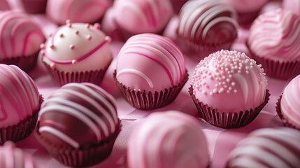A close up of a bunch of pink and white chocolate covered treats, AI - Powered by Adobe