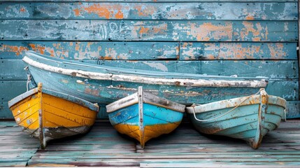 Three small boats are sitting next to a large boat, AI - obrazy, fototapety, plakaty