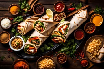 grilled chicken with vegetables and herbs, Prepare to tantalize your taste buds with a fresh grilled chicken wrap roll, bursting with flavor and ready to be devoured - obrazy, fototapety, plakaty