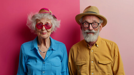 cool and happy senior couple with hat, crazy lifestyle concept with crazy humor on a colored wall
