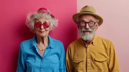 Deurstickers cool and happy senior couple with hat, crazy lifestyle concept with crazy humor on a colored wall  © overrust