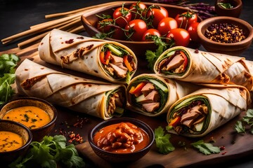 Obraz na płótnie Canvas grilled meat with vegetables, Prepare to tantalize your taste buds with a fresh grilled chicken wrap roll, bursting with flavor and ready to be devoured