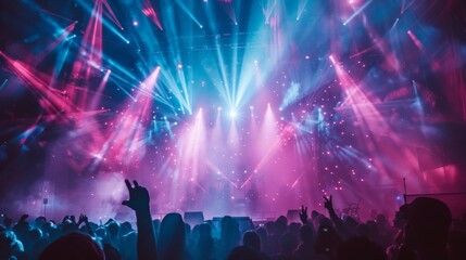 A concert with a crowd of people and bright lights, AI - obrazy, fototapety, plakaty