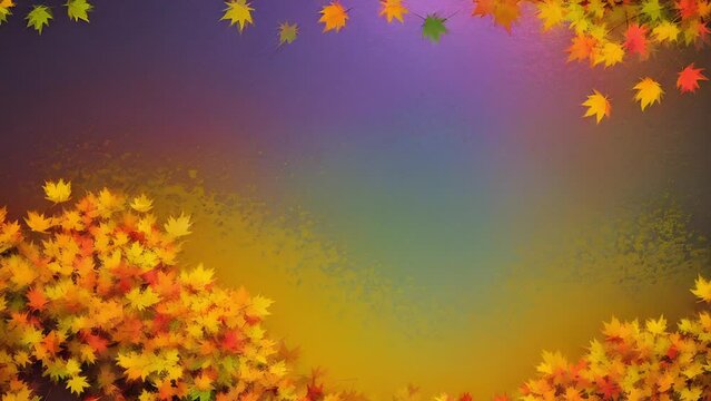 Gradient background transitioning from deep blue to orange with colorful maple leaves scattered around edges, with copy space. Leaves display of autumn colors including yellow, red, orange, and green.