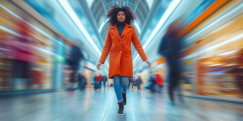A young African American woman exudes vibrant energy and confidence as she strikes a dynamic pose against the blurred backdrop of a modern, motion-blurred shopping mall filled with bustling shoppers.