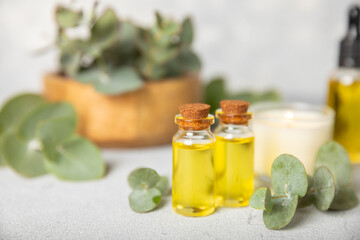 Eucalyptus essential oil in a glass bottle with green eucalyptus leaves on a textured wooden background. Aromatherapy concept. Spa. Natural organic ingredients for cosmetics and body care.Copy space