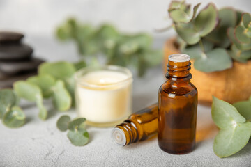 Eucalyptus essential oil in a glass bottle with green eucalyptus leaves on a textured wooden background. Aromatherapy concept. Spa. Natural organic ingredients for cosmetics and body care.Copy space