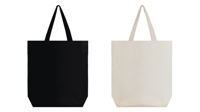 White and Black Stylish Blank Tote Bag Mockups Isolated on White Background. Customizable Canvas Fashion Template