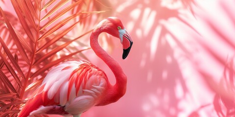 Flamingo closeup on a pastel pink background with palm branches and sun rays. 