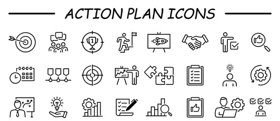 Action plan icon set. Containing planning, schedule, strategy, analysis, tasks, goal, collaboration and objective icons. Solid icon collection. - obrazy, fototapety, plakaty