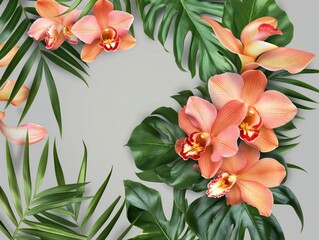 Tropical, exotic flowers with palm leaves on a gray background. Tropical flower garland.