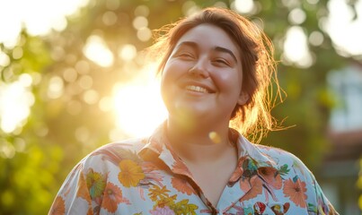 Happy plump smiling girl on a summer walk on a sunny day. - obrazy, fototapety, plakaty