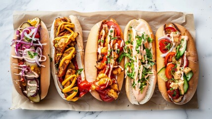Selection of Gourmet Hot Dogs with Toppings - Gourmet hot dogs with an array of toppings and sauces, showcasing culinary creativity and diversity in fast food