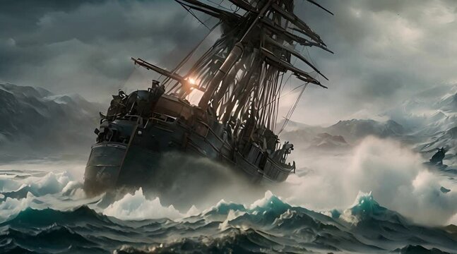 old wooden ship in the ocean storm