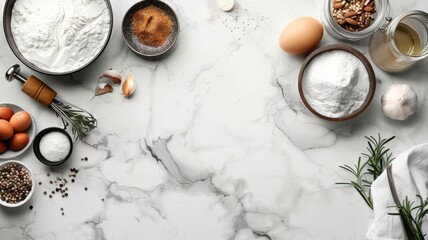 Fototapeta na wymiar Top view of baking ingredients on marble - Flat lay of baking ingredients and utensils on a marble kitchen countertop, perfect for food enthusiasts